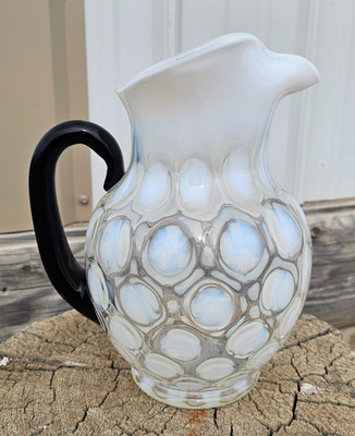 Vintage Fenton Art Glass Opalescent Coin Dot Pitcher With Ebony