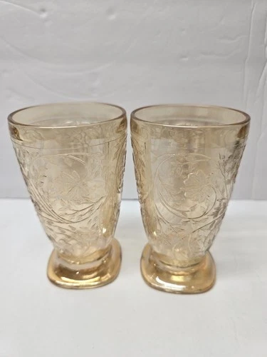 Jeannette Louisa Floragold Glass Tumblers Marigold Iridescent, Vintage  One Pair