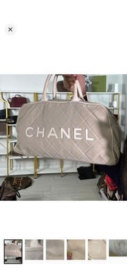 CHANEL Authentic Beige Quilted Canvas Boston Bag Medium Bowler Vintage Leather