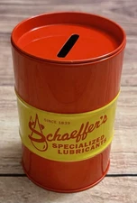 SCHAEFFER's Lubricants OIL DRUM BARREL Can COIN BANK Tin Advertising Retro VTG?