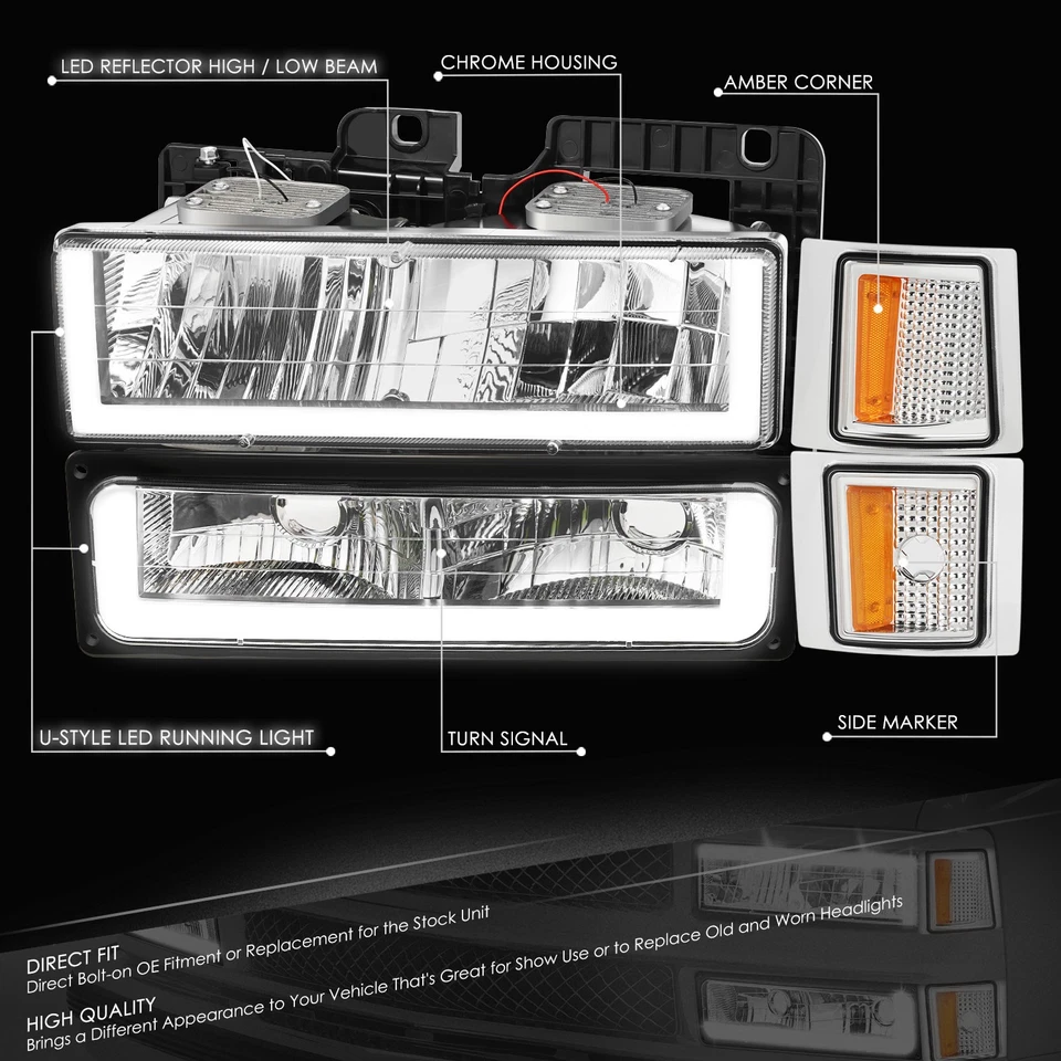 Faro Fit 94-00 Chevy C/K U-LED DRL + señal de parachoques + lámparas de esquina cromadas/ámbar Foto 2 de 4