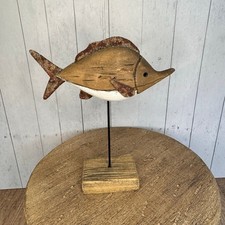 Wood Fish Sitter Home Decor Rustic Art Nature Lover Seabird Ocean NEW