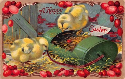 B425 Easter Greetings Chicks Seek Ladybug in Hay Barn Red Eggs postcard