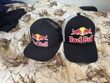 Two Red Bull Trucker Hats Flat Brim And Curved Adjustable One Size