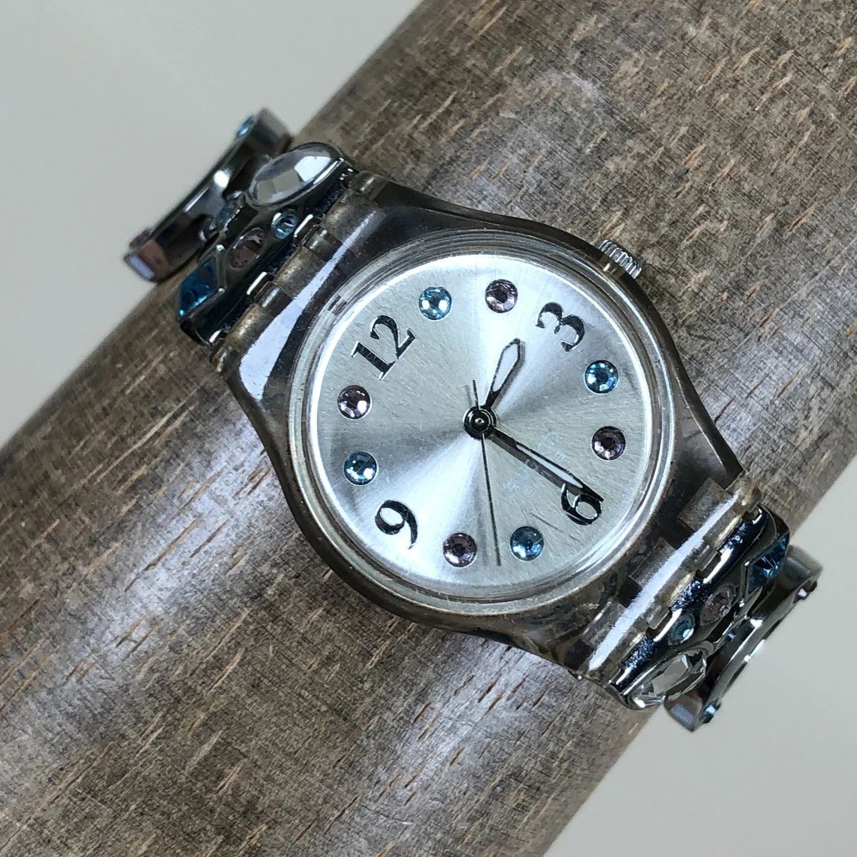 Swatch AG200 Women\'s Watch Hearts Silver Tone Case Gray Blue Plastic Band Quartz Vintage Swatch Skeleton Watch GK337, Swiss Made, NOS  main image 4
