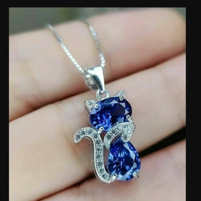 Oval Cut Lab Created tanzanite Cat Women's Pendant Necklace 925 Sterling Silver