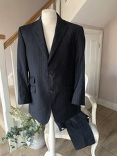 M & S Sartorial Alfred Brown Worsted Suit 42M W36 Navy Stripe 100% Wool