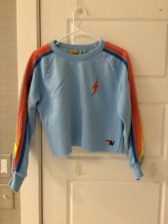 Aviator Nation Cropped Crew Sweatshirt Sky Blue Neon Stripe Bolt Size Medium