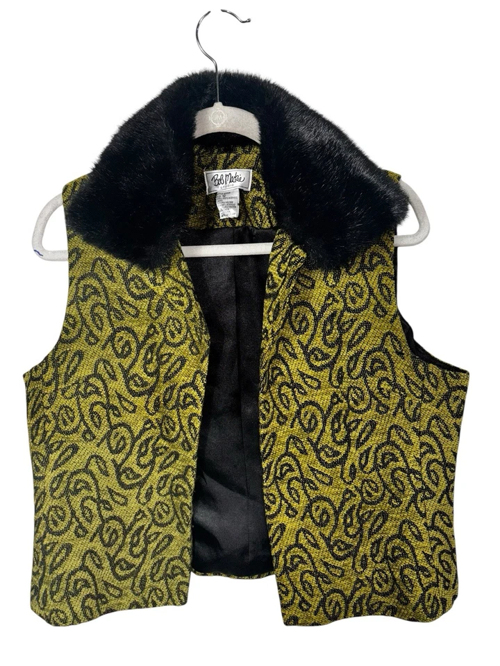 Chaleco Bob Mackie Usable Arte Negro Imitación Piel Cuello Dorado Brocado Estampado Animal Foto 2 de 4