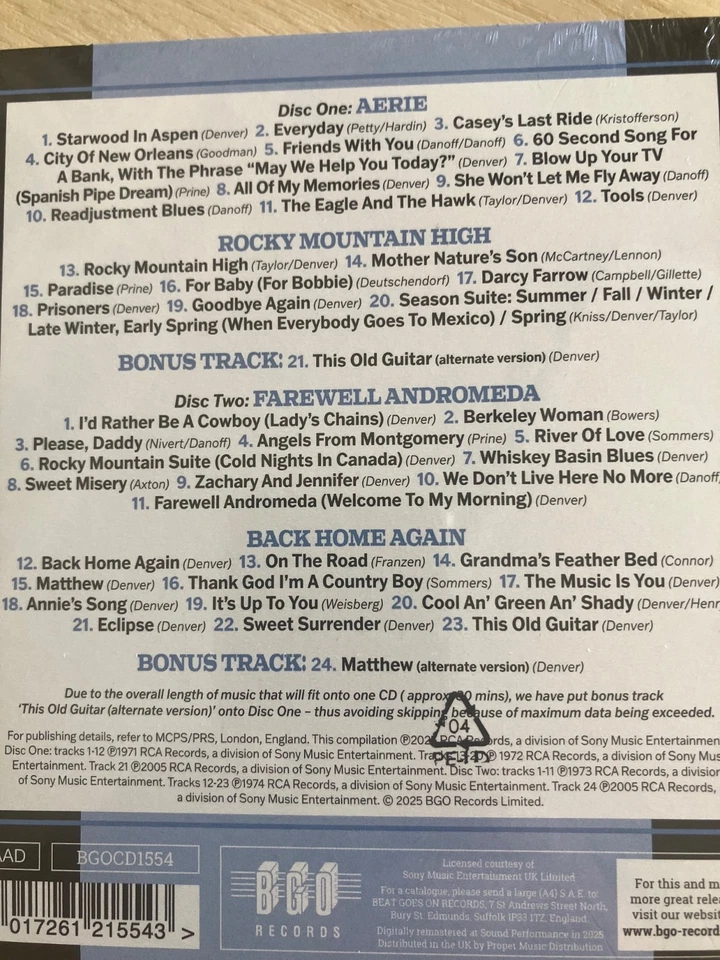 JOHN DENVER. AERIE / ROCKY MOUNTAIN HIGH / BACK HOME AGAIN / FAREWELL A - Image 2 of 2