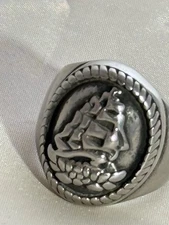 Stainless Steel Ship Ring – Nautical Sailboat Design with Rope Border – Polished