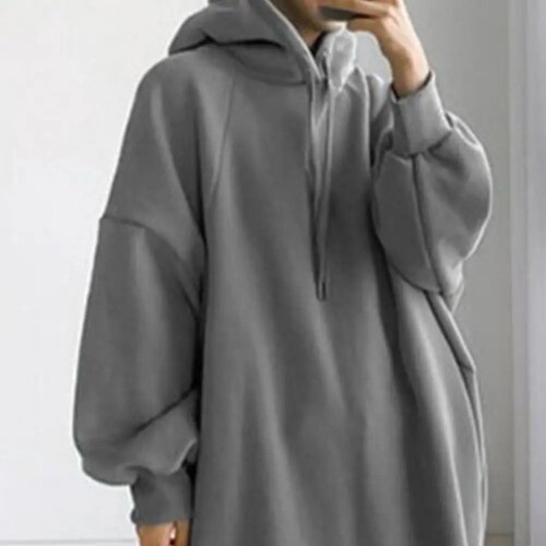 Oversized Hoodie Dresses rregular Hem Polyester Drawstring Hooded Sweatshirt - Picture 18 of 28