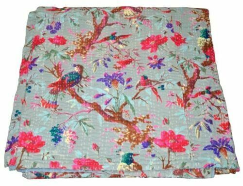 Handmade Floral Kantha Embroidery Double Blanket Throw Boho Hippie Bedspread - Picture 3 of 7