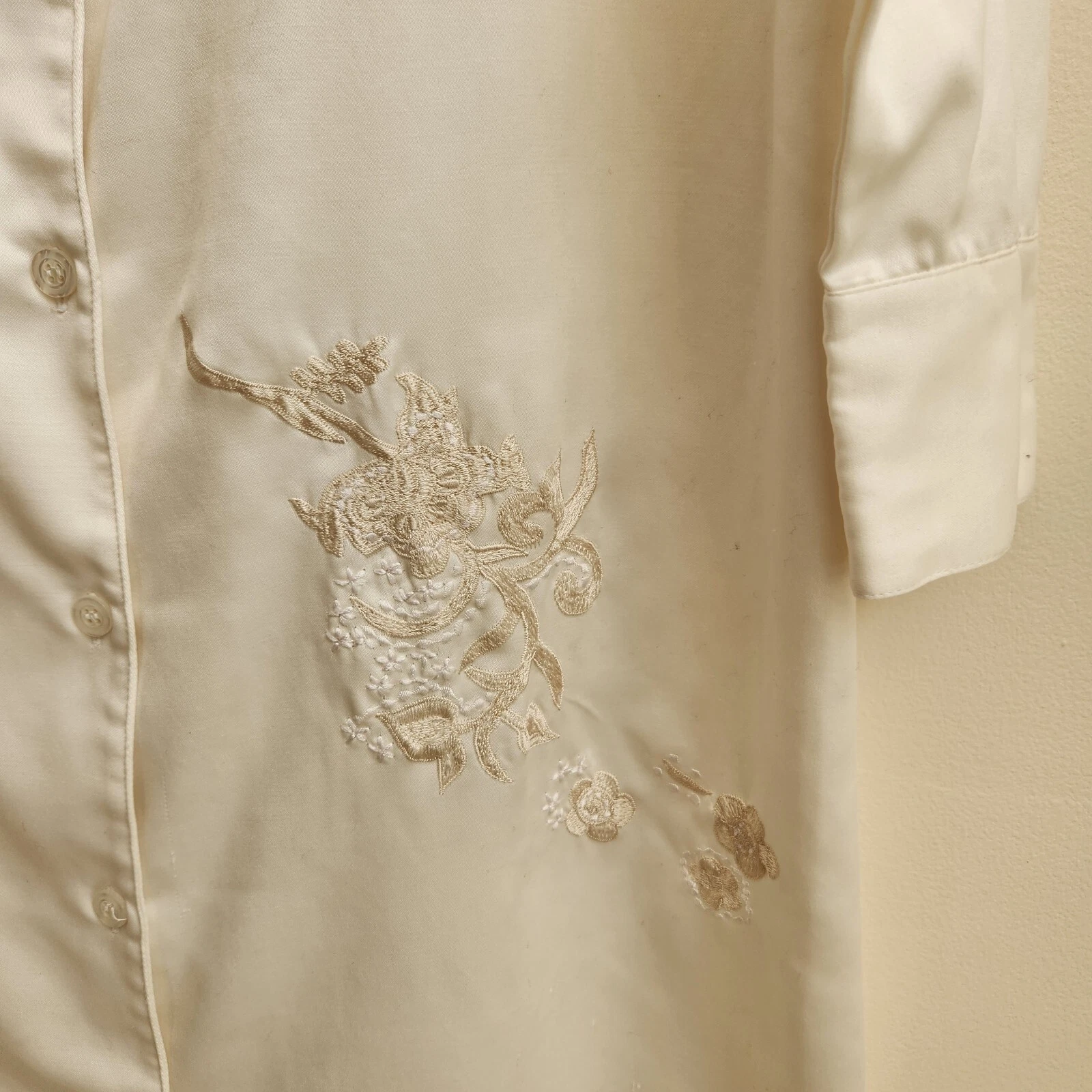 OFF WHITE Camicia da notte Natori donna S bianco sporco lunga raso ricamato floreale abito casa