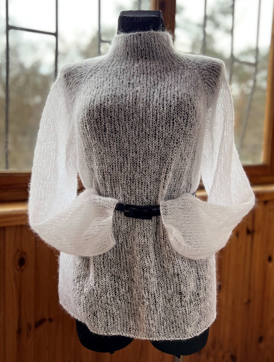 White Fluffy Women Jumper Turtleneck Sweater Mesh Mohair Wool Hand Knit One  Size