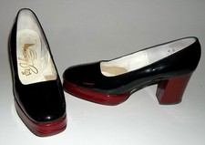 70s Vintage Black Red Patent Leather Johansen Heel Pumps Shoes Size 4