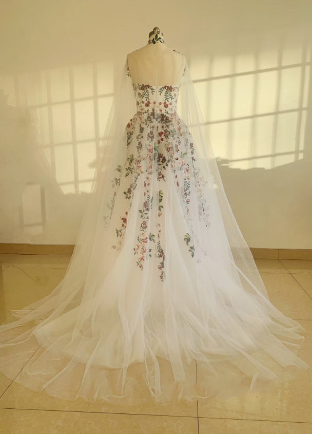 Flower Wedding Dresses White Ivory Color Embroidery Flora A Line