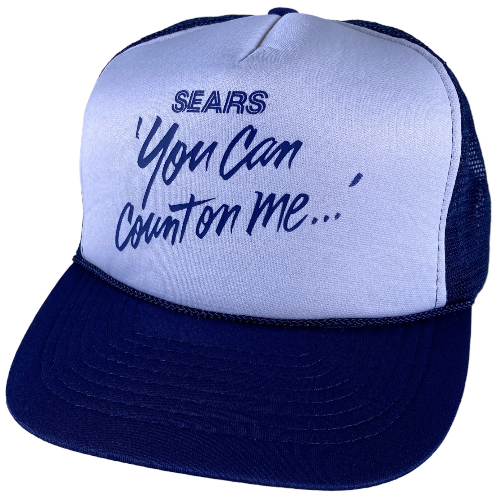 Sears You Can Count On Me Vintage Trucker Snapback Mesh Hat Blue White Cap NOS