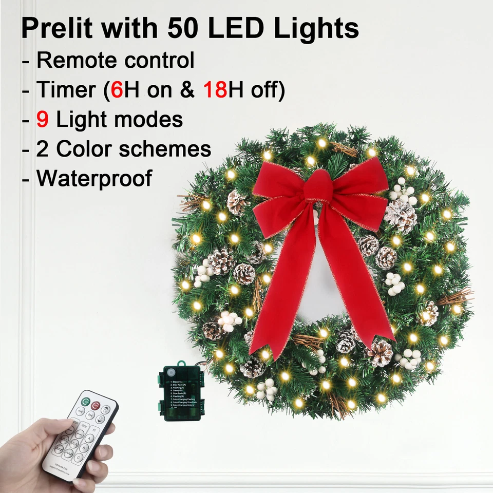 24" Waterproof Battery Operated Christmas Wreath with 50 Lights & Timer & Remote - Image 2 of 4