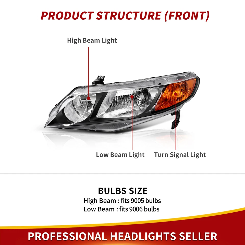 Headlights Assembly for 2006-2011 Honda Civic Sedan 4Dr Black Headlamps Pair Set - Image 4 of 4