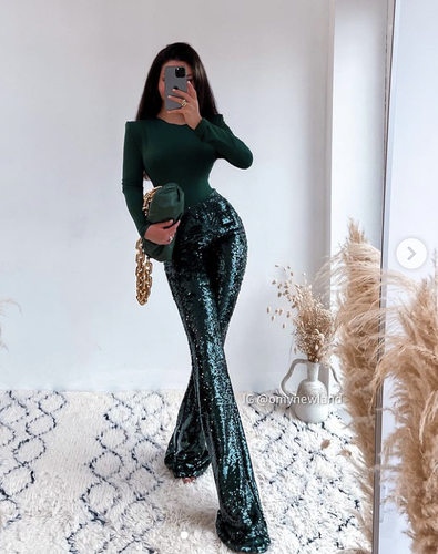 Zara High Waist Green Sequinned 