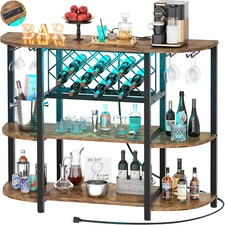 Wine Rack Table with Socket and LED Light, Floor Bar Cabinet for Liquor and Glas
