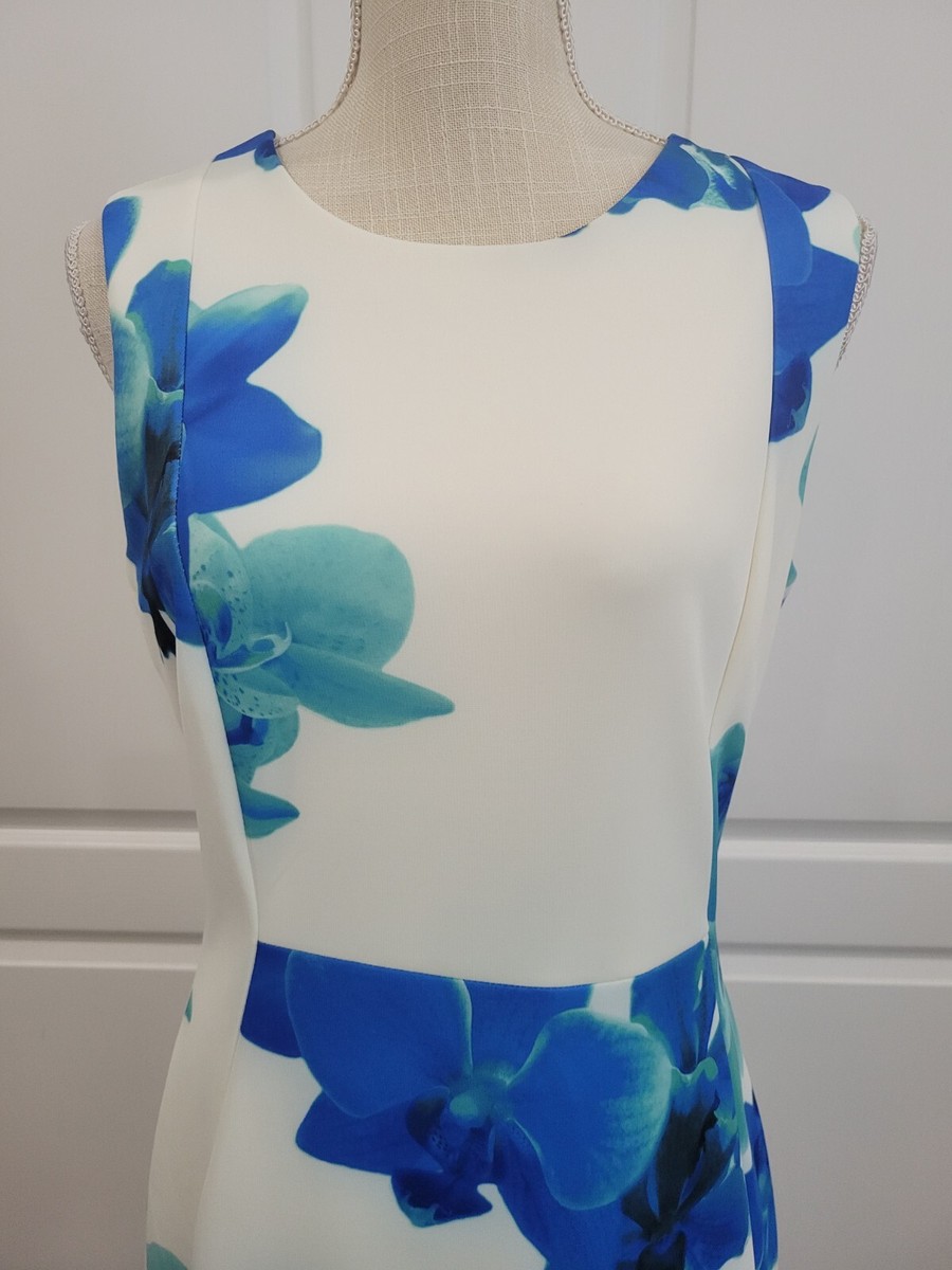 Calvin Klein Orchid Print Sheath Dress Womens 10 Blue White Sleeveless | eBay Calvin Klein Orchid Print Sheath Dress Womens 10 Blue White Sleeveless | eBay