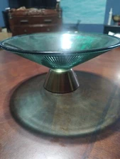 MCM Crofton Aldi Centerpiece Bowl Blue Glass Gold Finish Metal Base 10" Wide