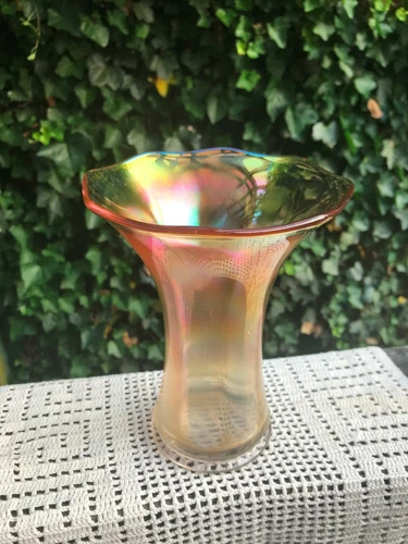 7" Vintage Yellow Marigold Rainbow Carnival Glass Trumpet Vase Irridescent