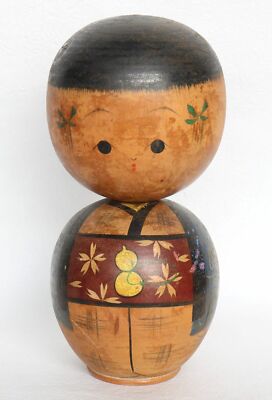 Japanese Kokeshi Wood Doll Bobble Head Boy Hand Painted H18cm 7.1'' Vintage