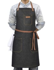 Denim Chef Apron with Pockets, Mens Womens Professional Kitchen Bib Black Apr...