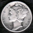 1941 War Time Mercury Silver Dime, Very Fine, KM 140