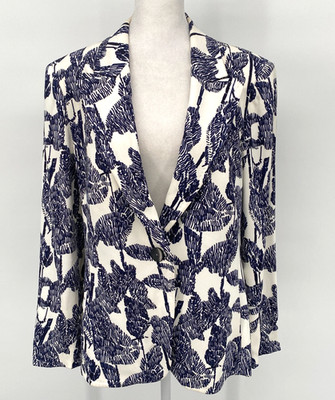 Escada Blazer Womens M/40 White Navy Leaf Print Bozica Single Button Jacket