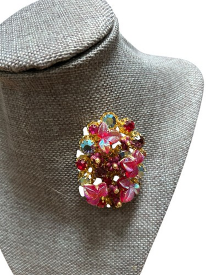 #ad KRAMER Signed Multicolor Rhinestone Gold Tone Brooch Leaf Statement Costume $75.00