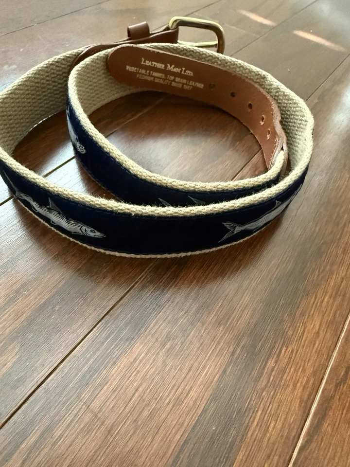 Leather Man LTD Canvas Saltwater Fish Belt Tan/Blue Mens 32 EXC USA Brass - Image 2 of 4