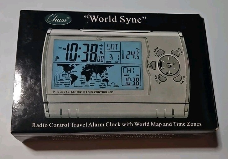 Chass World Sync Radio Control Travel Clock w/ Case, Instructions, Original Box detail