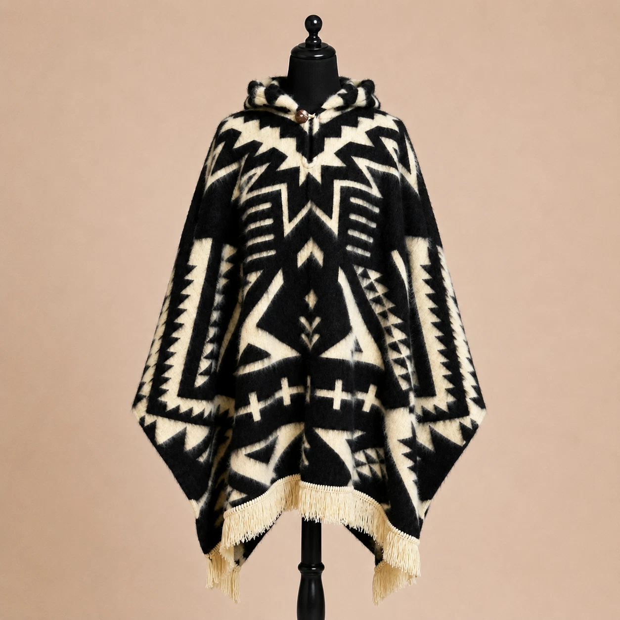 Baby Alpaca Wool Hooded Aztec Poncho Unisex Handmade Ecuador Boho Fringe Serape
