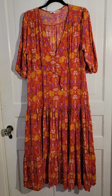 Anthropology Abel the Label Orange Purple Floral Large Midi Dress Drawstring Red