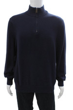 J Crew Mens Pullover Mock Neck Zip Sweater Dark Blue Cotton Cashmere Size L