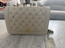 Persaman New York Made in Italy Leather Quilted Studded Chain Shoulder Bag Cream
