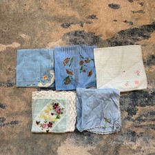 lot of 5 vintage/antique shades of blue hankies with embroidery