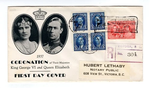 R686 Canada FDC - 1937 George VI Coronation - Victoria BC - Registered FDC Cover
