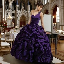 Exquisite Purple Prom Dresses One Shoulder Satin Beaded Ruffled Evening Gowns