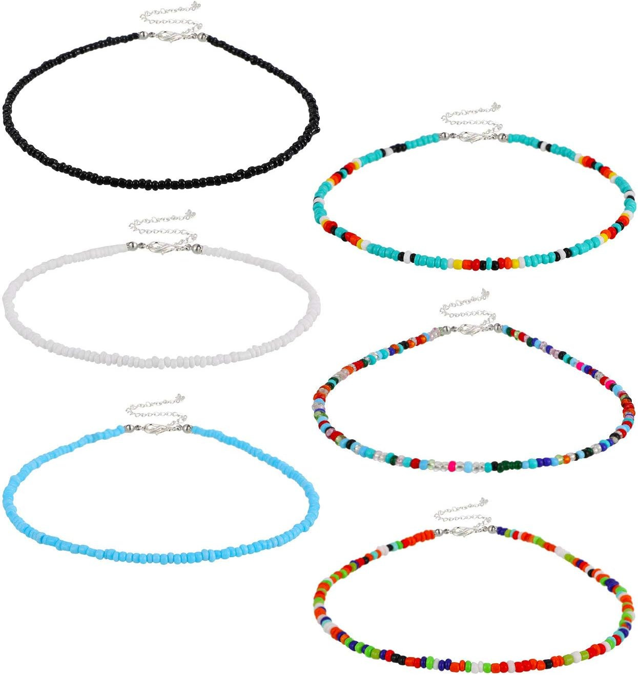 6 Pcs Bead Choker Necklace for Women Colorful Boho Glass Seed Bead Necklace Rain