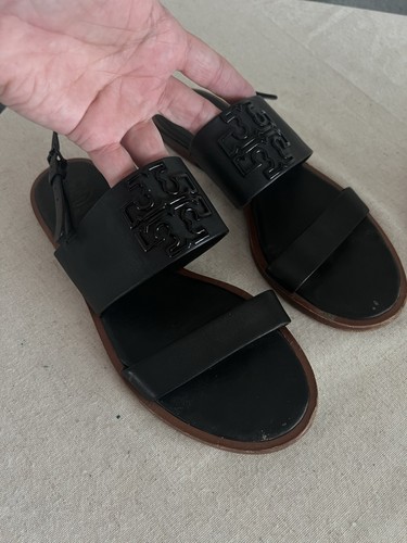 Tory Burch Sandals Melinda Powder Coated Calf Leather Big Logo Sling Back Sz 7 - Picture 11 of 11