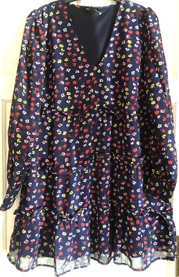 Mittwochs Mädchen dunkelblau Blumen gefüttert Kleid Langarm & Rüschen Größe M