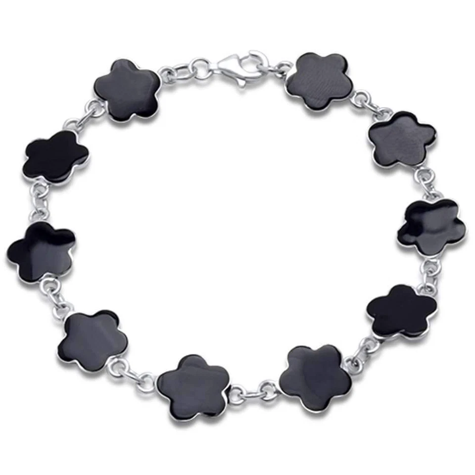 Brazalete de plata de ley .925 con flor de ónix negro de 7" Foto 2 de 2