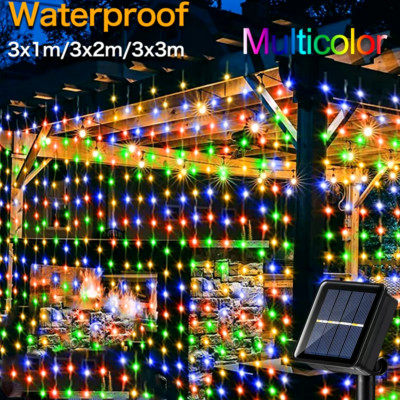 String Decoratio Christmas 300 LED Solar Curtain Lights Outdoor Waterproof Fairy String ...