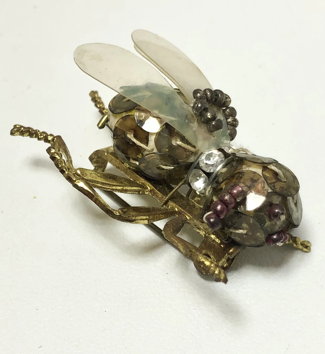 West Germany Sequin Seed Bead Beaded Bug Fly Insect Beetle Brooch Pin