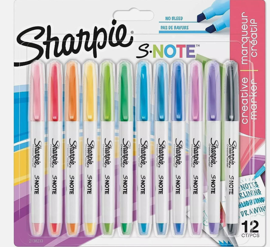 Sharpie 12 Pack S-Note Highlighter Markers Chisel Tip Arts Assorted Colours